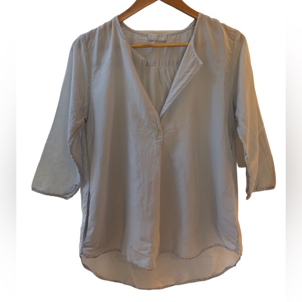 CP Shades Womens 3/4-Sleeve V-Neck Blouse Top Pockets Silk Blend Blue Small FLAW